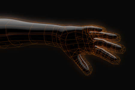 Black plastic robot hand with glowing frame shellの写真素材