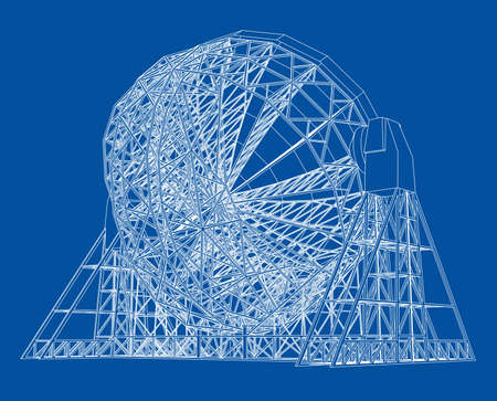 Radio Telescope concept outline. Rear view. Vector rendering of 3d. Wire-frame style. The layers of visible and invisible lines are separatedのイラスト素材