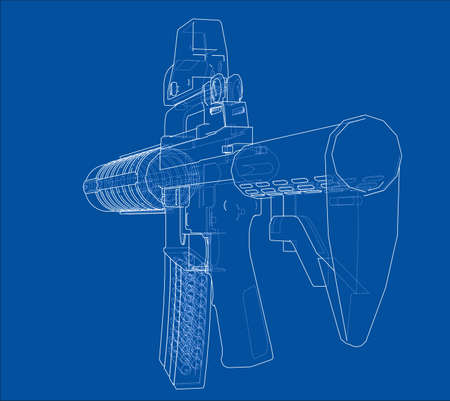 Machine Gun. Vector rendering of 3d. Wire-frame style. The layers of visible and invisible lines are separatedのイラスト素材