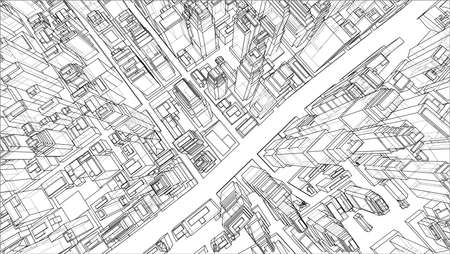 Wire-frame City, Blueprint Style. 3D Rendering Vector Illustration. Architecture Design Backgroundのイラスト素材