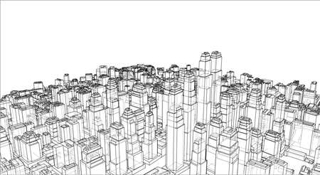Wire-frame City, Blueprint Style. 3D Rendering Vector Illustration. Architecture Design Backgroundのイラスト素材