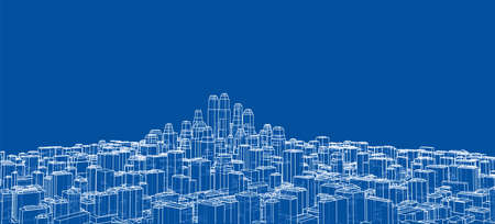 Wire-frame City, Blueprint Style. 3D Rendering Vector Illustration. Architecture Design Backgroundのイラスト素材