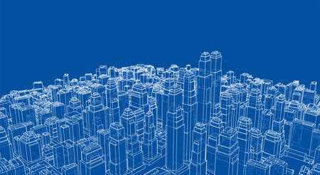 Wire-frame City, Blueprint Style. 3D Rendering Vector Illustration. Architecture Design Backgroundのイラスト素材