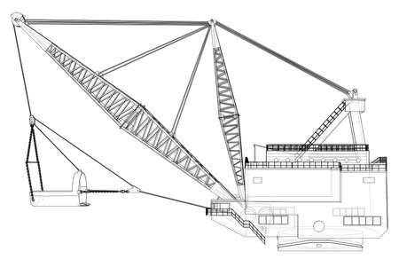 Dragline walking excavator. Vector rendering of 3d. Wire-frame style. The layers of visible and invisible lines are separatedのイラスト素材