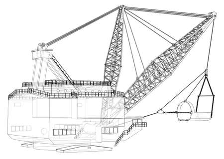 Dragline walking excavator. Vector rendering of 3d. Wire-frame style. The layers of visible and invisible lines are separatedのイラスト素材