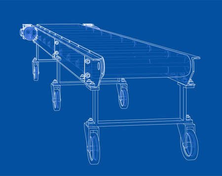 3D outline conveyor belt. Vector rendering of 3d. Wire-frame style. The layers of visible and invisible lines are separatedのイラスト素材