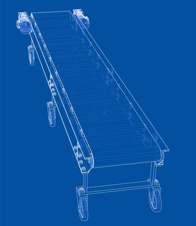 3D outline conveyor belt. Vector rendering of 3d. Wire-frame style. The layers of visible and invisible lines are separatedのイラスト素材