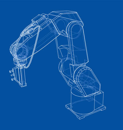 3D outline Robotic arm. Vector rendering of 3d. Wire-frame style. The layers of visible and invisible lines are separatedのイラスト素材