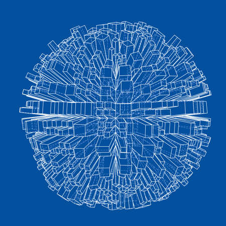 Abstract 3d Sphere with City, Blueprint Style. 3D Rendering Vector Illustration. Architecture Design Backgroundのイラスト素材