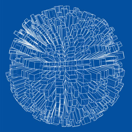 Abstract 3d Sphere with City, Blueprint Style. 3D Rendering Vector Illustration. Architecture Design Backgroundのイラスト素材