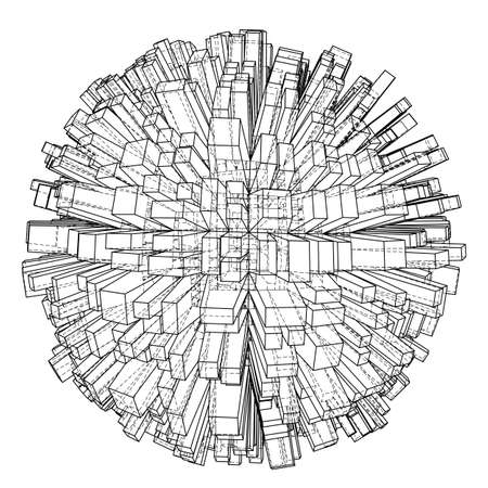 Abstract 3d Sphere with City, Blueprint Style. 3D Rendering Vector Illustration. Architecture Design Backgroundのイラスト素材