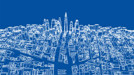 Wire-frame Twisted City, Blueprint Style. 3D Rendering Vector Illustration. Architecture Design Backgroundのイラスト素材