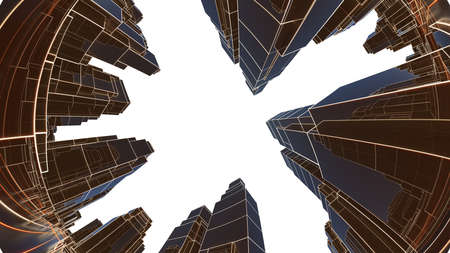 Abstract 3D city with luminous lines and black mirror buildings