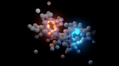White chaotic spheres and flashes of red and blue lightの写真素材