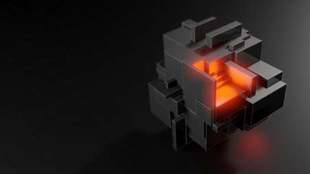 Abstract 3d object consisting of cubes. Red glow inside the objectの写真素材