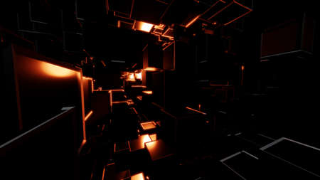 Abstract dark cubes and bright red flashes