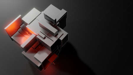 Abstract 3d object consisting of cubes. Red glow inside the objectの写真素材