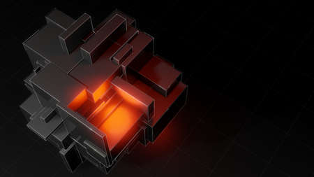 Abstract 3d object consisting of cubes. Red glow inside the objectの写真素材
