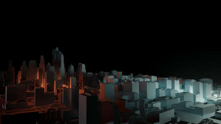 3d city with bright flashes on a dark background