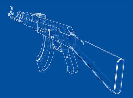 Machine Gun. Vector rendering of 3d. Wire-frame style. The layers of visible and invisible lines are separatedのイラスト素材