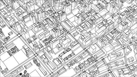 Wire-frame City, Blueprint Style. 3D Rendering Vector Illustration. Architecture Design Backgroundのイラスト素材