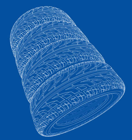 Car tires concept. Vector rendering of 3d. Wire-frame style. The layers of visible and invisible lines are separatedのイラスト素材