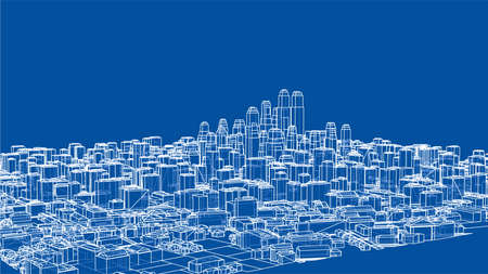 Wire-frame City, Blueprint Style. 3D Rendering Vector Illustration. Architecture Design Backgroundのイラスト素材