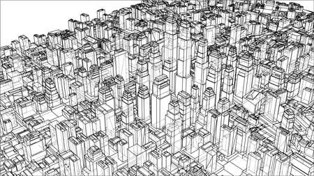Wire-frame City, Blueprint Style. 3D Rendering Vector Illustration. Architecture Design Backgroundのイラスト素材