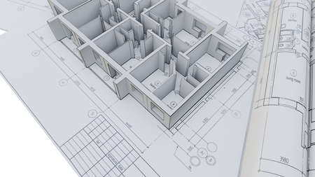 Built walls of a house on construction drawingsの写真素材