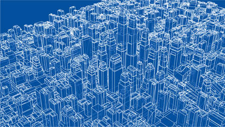 Wire-frame City, Blueprint Style. 3D Rendering Vector Illustration. Architecture Design Backgroundのイラスト素材