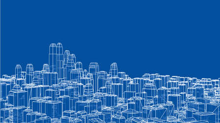 Wire-frame City, Blueprint Style. 3D Rendering Vector Illustration. Architecture Design Backgroundのイラスト素材
