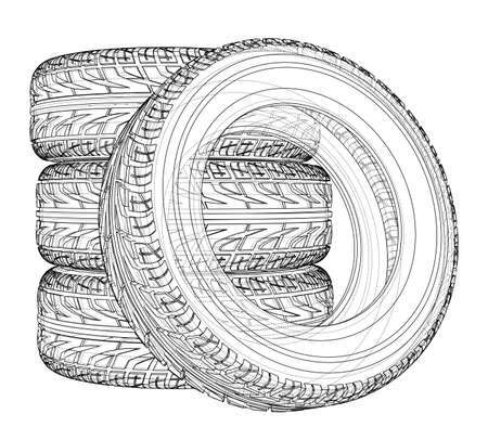 Car tires concept. Vector rendering of 3d. Wire-frame style. The layers of visible and invisible lines are separatedのイラスト素材