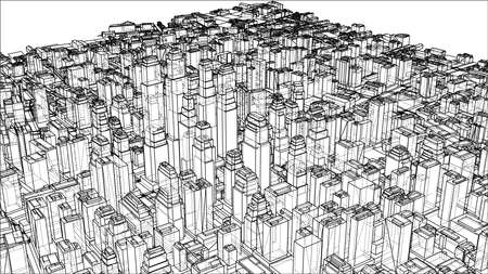 Wire-frame City, Blueprint Style. 3D Rendering Vector Illustration. Architecture Design Backgroundのイラスト素材