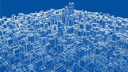 Wire-frame City, Blueprint Style. 3D Rendering Vector Illustration. Architecture Design Backgroundのイラスト素材