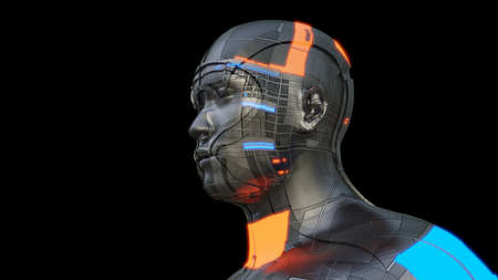 Futuristic robot of dark color with luminous parts