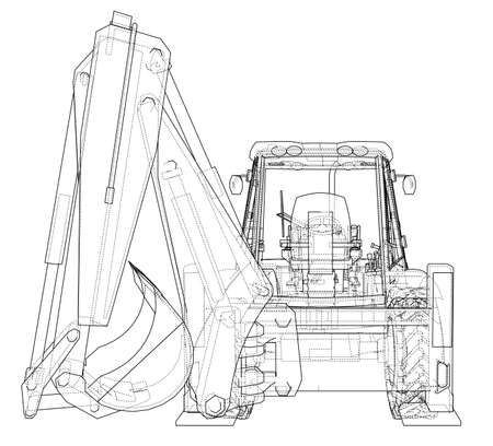 Sketch of Loading Shovel with Back Actor. Vector rendering of 3d. Wire-frame style. The layers of visible and invisible lines are separatedのイラスト素材