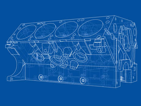 Engine block sketch. Vector rendering of 3d. Wire-frame style. The layers of visible and invisible lines are separatedのイラスト素材