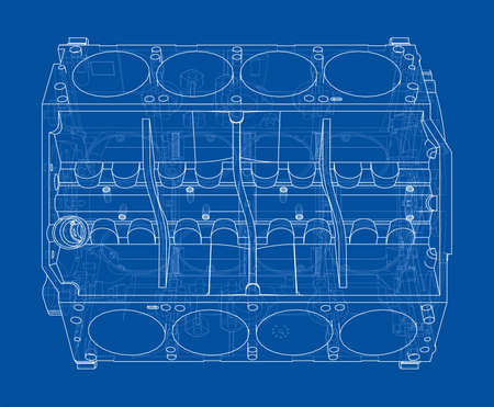 Engine block sketch. Vector rendering of 3d. Wire-frame style. The layers of visible and invisible...