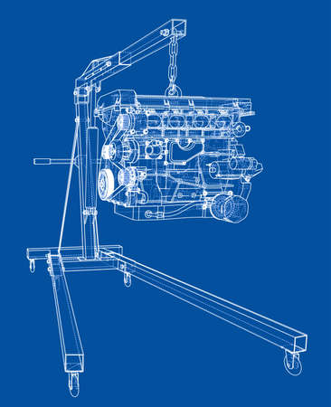 Engine hoist with engine outline. Vector rendering of 3d. Wire-frame style. The layers of visible and invisible lines are separatedのイラスト素材