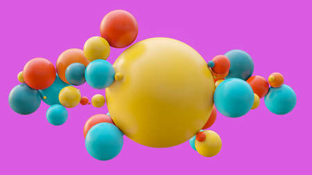 Flying spheres in motion isolated on pink backgroundの写真素材