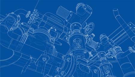 Sketch of industrial equipment. Vector rendering of 3d. Wire-frame style. The layers of visible and...