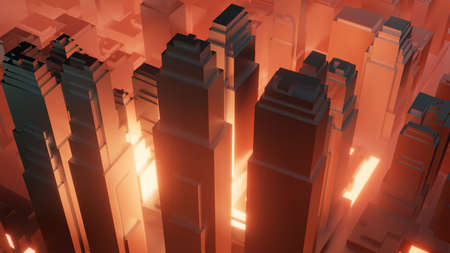 City in red fog. Air pollution or military action