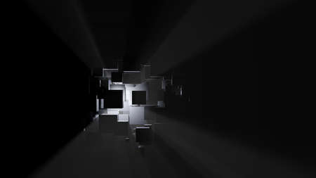 Abstract background of boxes, light rays and fog