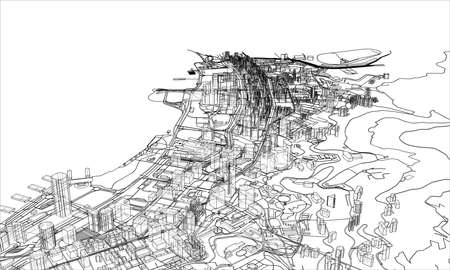 Outline city concept vector. Wire-frame style. The layers of visible and invisible lines. 3D illustrationのイラスト素材