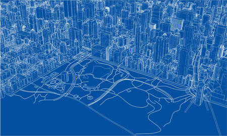 Outline city concept vector. Wire-frame style. The layers of visible and invisible lines. 3D illustrationのイラスト素材