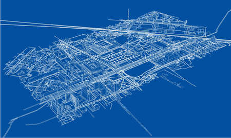 Outline city concept vector. Wire-frame style. The layers of visible and invisible lines. 3D illustrationのイラスト素材