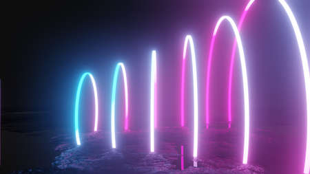 Glowing neon circles on dark backgroundの写真素材