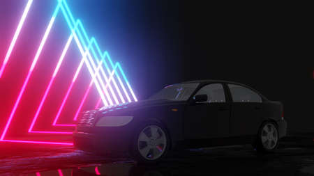 Car model with blue and red neon on backgroundの写真素材