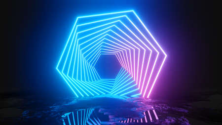 Glowing neon hexagons on dark backgroundの写真素材