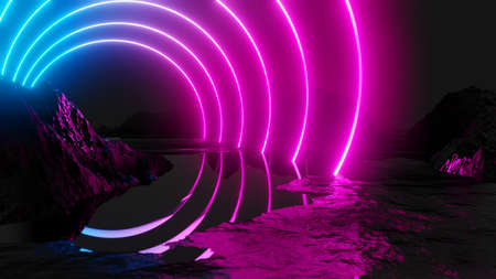 Glowing neon circles on dark backgroundの写真素材